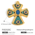 Vintage 18K gold-plated stainless steel cross pendant with blue stones and green enamel - Dark Green Enamel Cross (PJ92928C)