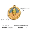 Pendentif ovale en acier inoxydable doré avec poisson en émail coloré et bord perlé - Style Poisson Bordure Perlée Vintage (PJ93060B)