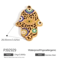 Golden stainless steel Hamsa charm with leopard pattern and colorful evil eye details - Hamsa Hand Hollow (PJ92929)