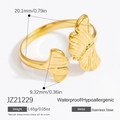 Adjustable golden stainless steel ginkgo leaf ring with detailed engraved texture - Ginkgo Leaf Style (JZ21229)