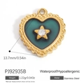 Golden heart pendant with green enamel, star detail, and crystal in stainless steel - Dark Green Star Heart (PJ92935B)