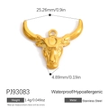 Pendentif tête de taureau en acier inoxydable plaqué or 18K avec des cornes précises - Style Tête de Taureau Doré Poli (PJ93083)