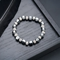 Bracelet élégant en perles d'hématite facettées avec accents argentés pour hommes et femmes - Combiné Perles Rondes Métal Polyédrique Et Motif Losange (S733-F)
