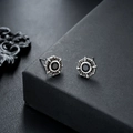 Retro gothic eight-pointed star stud earring in antique silver with black stone - Black