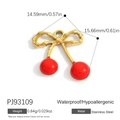 Pendentif cerise rouge en acier inoxydable avec nœud doré, imperméable et hypoallergénique - Style Double Cerise Nœud Doré (PJ93109)