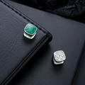 Boucles d'oreilles clips vintage tibétaines carrées en argent avec marbre vert et zircon - Base Argentée Surface Verte
