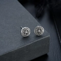 Vintage silver star compass studs with nautical engraving for a trendy unisex style - Starburst Stud Earrings (X748-A) / Antique Silver