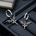 Gothic silver bat wing hoop earrings with cross sword pendant and zircon inlay - Angel Wing Single Style (X773-A) / Silver