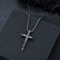 Minimalist black cross pendant necklace featuring a geometric faceted texture and box chain - Gunmetal