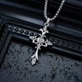 Collier croix gothique vintage en argent avec détails fleur de lys et couronne pour homme - Croix Fleur de Lys Vintage (L849-A)