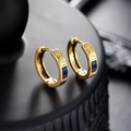 Men's fashion gold huggie earrings with engraved dragon pattern and blue gemstone inlay - Gold Blue (X983-D)