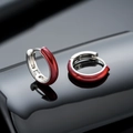 Men's silver huggie hoop earrings with deep red enamel finish and polished metal shine - Red