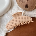 French vintage style beige hair claw clip with brown polka dots for elegant ponytails - Pink with Brown Polka Dot