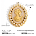 Vintage stainless steel relief pendant with golden profile and white pearl border - Cream Pearl Portrait (PJ93311A)