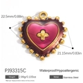 Waterproof heart pendant in magenta enamel with golden flower and stainless steel beads - Magenta Flower Heart (PJ93315C)