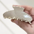 Off-white polka dot acetate hair claw clip with large semi-circle shark grip - White with Black Polka Dot