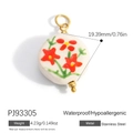 Stainless steel round pendant featuring a white floral pattern and golden metal loop - Red and Green Flower (PJ93305)