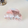 Pink marble texture hair claw clip with crystal butterfly embellishment and shark clip teeth - Pink Blue (approx. 8cm)