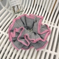 Detail of checkered scrunchie with pink scalloped edges and sweet pleated fabric texture - Black Plaid Pink Edge Scrunchie