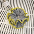 Plaid scrunchie with black and white grid pattern and neon yellow trim detailing - Black Plaid Yellow Edge Scrunchie