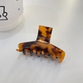 Classic tortoiseshell acetate hair claw clip with gold la France engraving on white background - T-Shape Claw / Caramel color