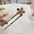 Floral acetic acid hair pin with green rhinestone and tortoiseshell pattern for bun styles - Marble