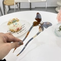 Detail of tortoise shell acetate butterfly hair pin with pearls and dual-tooth fork design - Blueberry Panna Cotta - Pearl Butterfly Hair Stick