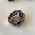 Close-up of brown and grey striped knitted scrunchie showing ribbed texture and fabric - Light Pink Coffee Stripe