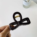 Elegant deep coffee butterfly hair claw clip with glossy finish and golden metal spring - Glossy Black - Bow Buckle Square Bow