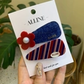 Fermagli per capelli in denim floreale e a righe con perle bianche per donne - Set a Strisce Denim con Fiore Rosso