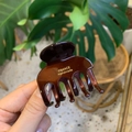 Detalle de la pinza para el cabello de acetato hecha a mano con logotipo dorado - Café-Etiqueta Dorada-Pinza Cuadrada / café