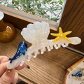 Elegant ocean-themed acetate hair claw featuring whale and starfish on pearly white base - Pearl White-Shell Starfish