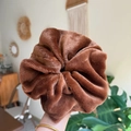Oversized dark brown plush scrunchie with soft velvet texture for women hair styling - Brown