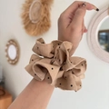 Elegant khaki polka dot oversized scrunchie with layered fabric pleats for women - Polka Dot Ruffled Style / Khaki