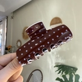 Close-up of a brown acrylic hair claw clip with white polka dots for hair styling - Square Coffee Blue Polka Dot