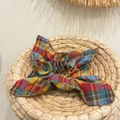 Classic colorful plaid oversized scrunchie in red blue yellow pattern on straw mat - Rainbow Color Scrunchie