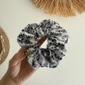 Fuzzy black and white knit scrunchie with heart tag for elegant autumn winter hairstyles - Black White Candy Dot (cszj22625-05)