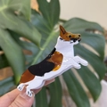 Détail d'une pince à cheveux Corgi en acétate brillant tenue devant des feuilles - Corgi à Ventre Blanc