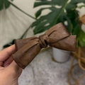 French style dark brown PU leather bow hair tie with retro textured crinkle design - Bow Hair Clip (PU Leather Texture) / Brown Coffee