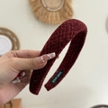 Detail view of red tweed headband with gold thread and handmade label inside - Wine Red-Velvet Feel