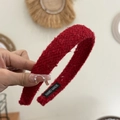 Detail of red plaid tweed headband with gold thread and HAND MADE label on inside band - New Year Red-Fringed Glitter Thread