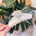 Elegant cream acetate hair claw clip with silver ribbon bow and heart rhinestone accent - Seven Teeth / Bright White - Heavy Rhinestone Butterfly