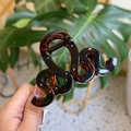 Gros plan détaillé de la pince à cheveux ondulée en texture écaille marron foncé - Marron Rouge Brillant