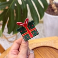 Pince à cheveux de Noël en forme de boîte cadeau verte avec nœud rouge et paillettes - Cadeau de Noël