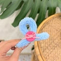 Blue plush teddy fur shark hair claw clip with pink button and bow for women - Blue