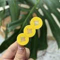 Dettaglio di un fermaglio per capelli giallo in acrilico tenuto davanti a foglie verdi - Fermaglio Tre Monete