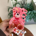 Pink iridescent acrylic teddy bear hair claw clip with KISS heart and bow design - Pink Bow Kiss Bear