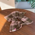 Close-up of pink plaid scrunchie with rabbit ear bow, button and handmade label detail - Pink Gray Plaid-Pink Button Scrunchie
