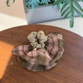 Pink and brown checkered plaid scrunchie with pleated design on a wooden background - Pink Gray Plaid-Fan-shaped Hair Tie
