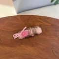 Pink and brown plaid hair clip with a cute bow detail on a dark wood background - Cute Pink Green Plaid-Bow BB Clip